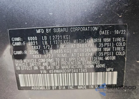 2023 Subaru Ascent Premium z USA, uszkodzony, nr VIN 4S4WMABD9P3401345